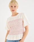 Oliver Bonas Cream Shirred Bodice Puff Sleeve Top UK 10
