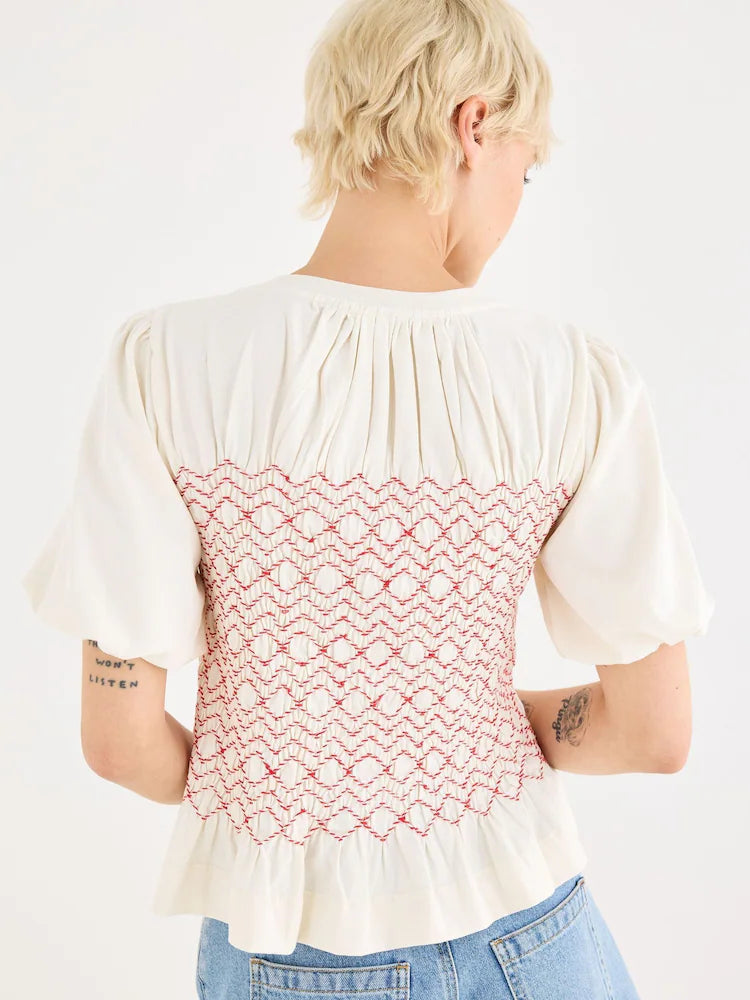 Oliver Bonas Cream Shirred Bodice Puff Sleeve Top UK 10
