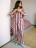 Cropped Cotton Pyjama Set  Pink & Burgundy Stripe S