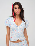 For Love & Lemons Livia Linen Blend Puff-Sleeve Blouse S