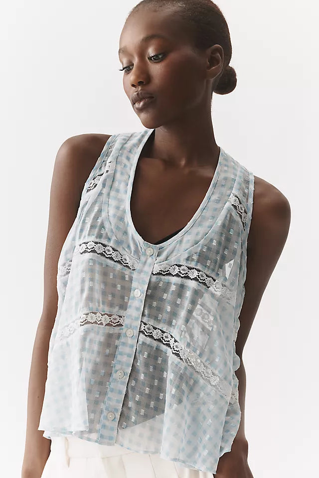 By Anthropologie Sheer Lace Swing Tank M