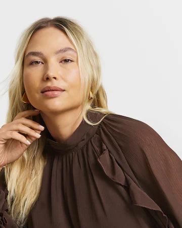 SIMPLYBE BROWN RUFFLE TOP UK 14
