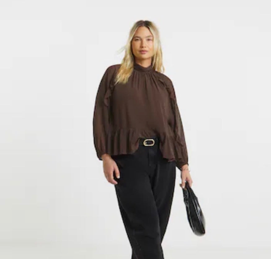 SIMPLYBE BROWN RUFFLE TOP UK 14
