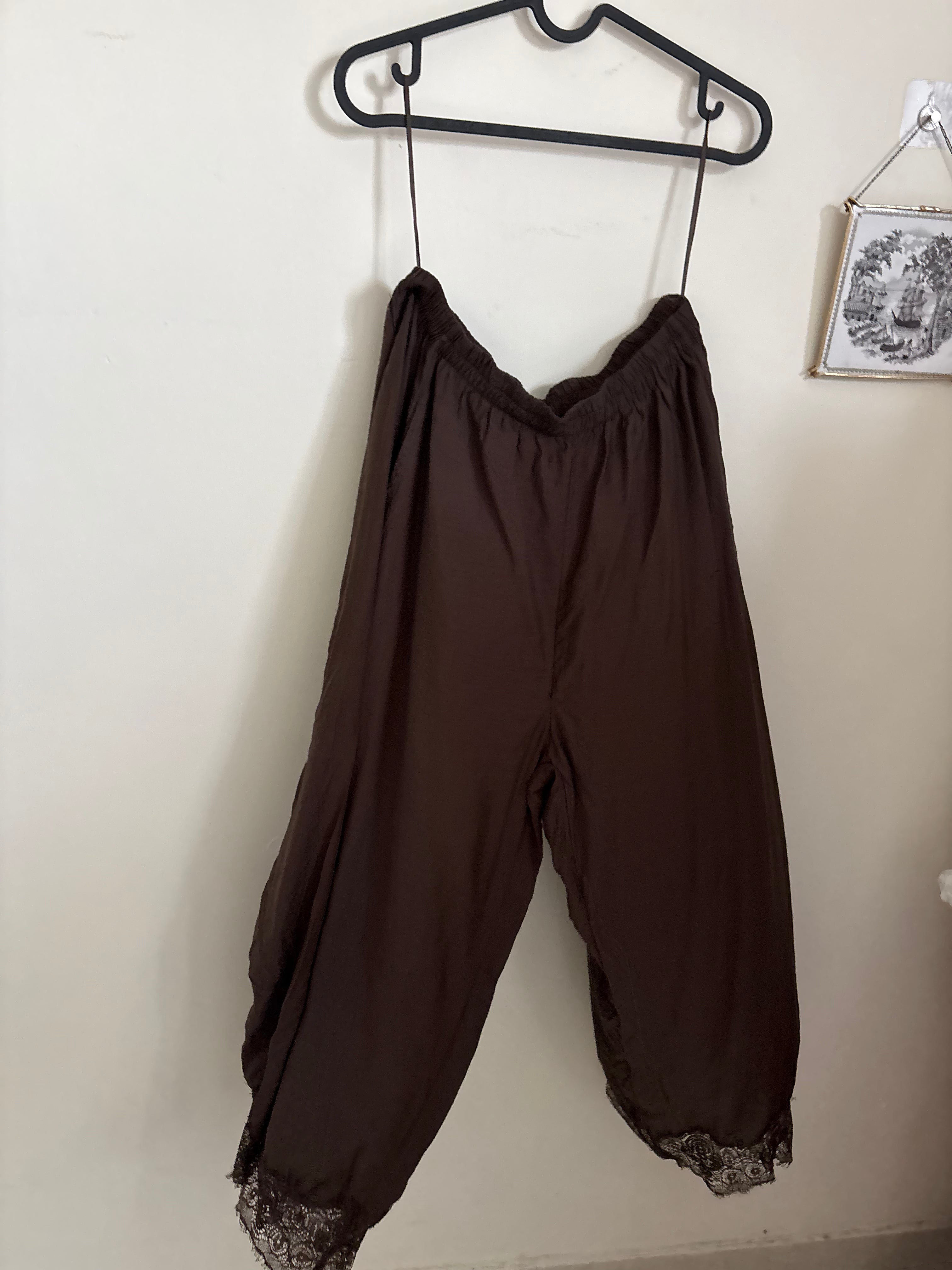 Anthropologie Brown Cropped Lace-Hem Trousers M