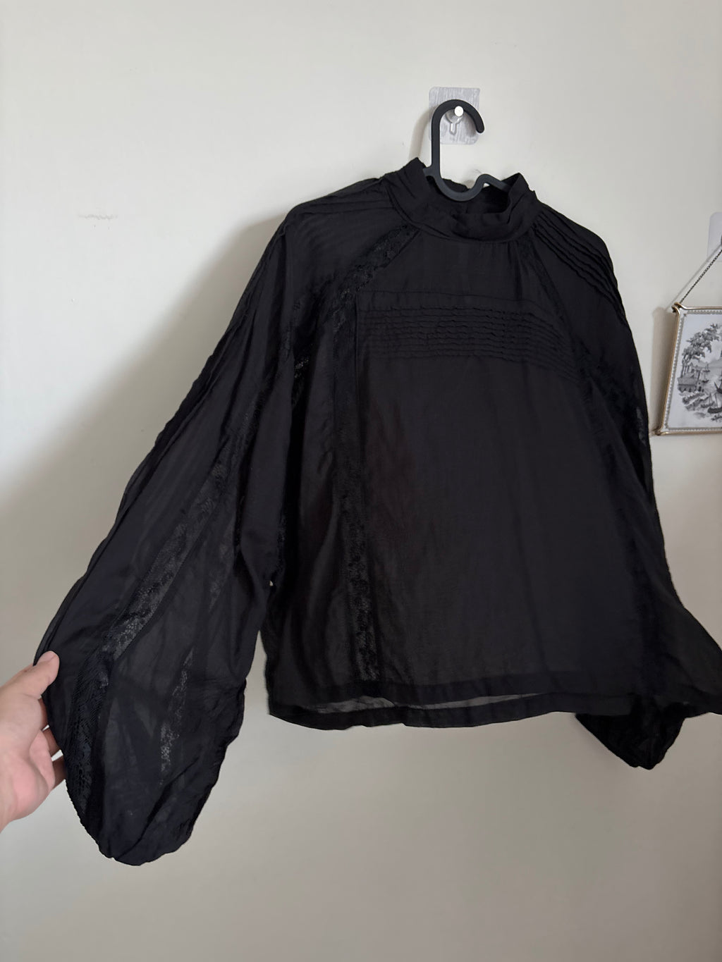 Topshop lace trim ruched side blouse in black UK 6