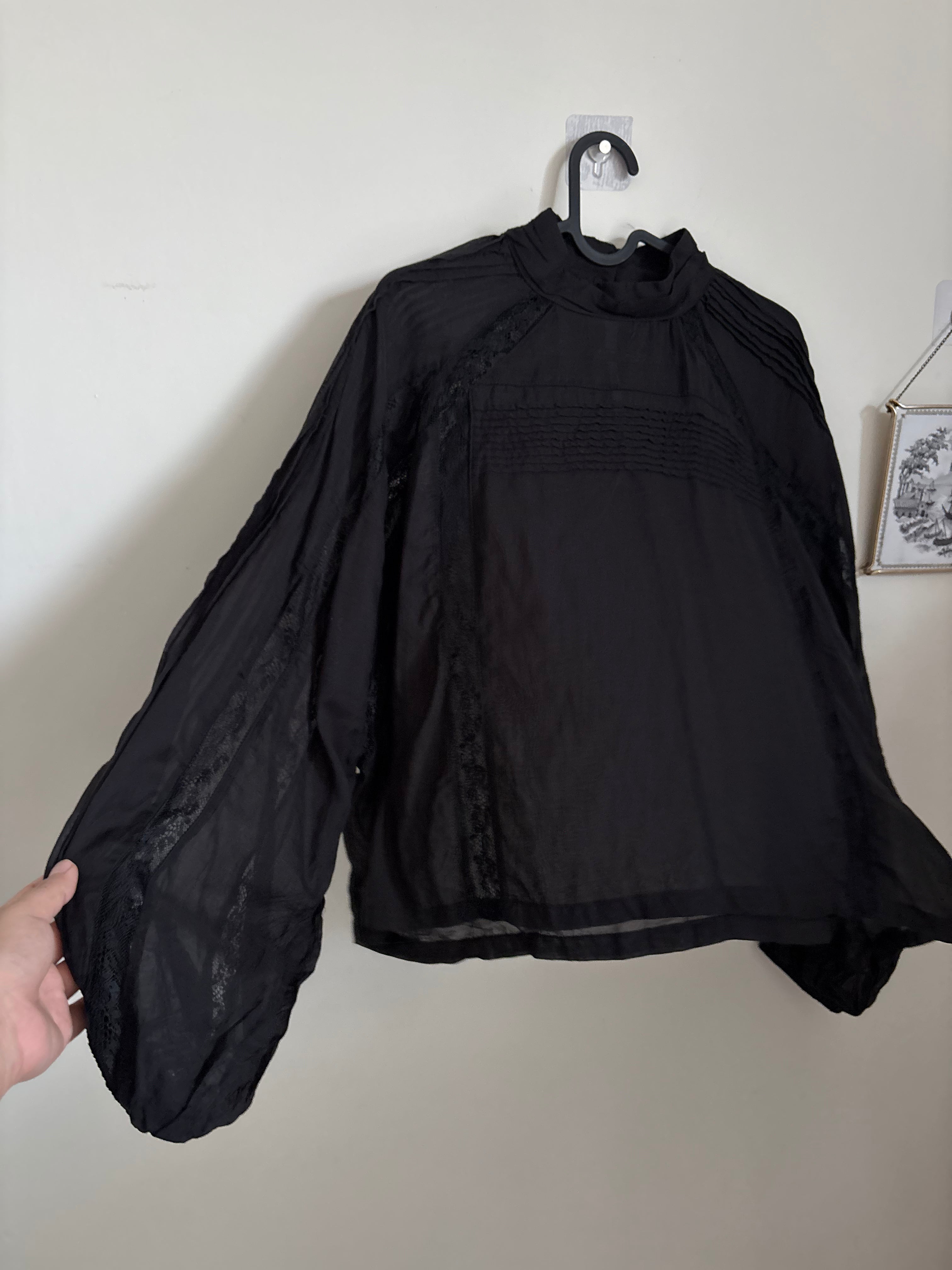 Topshop lace trim ruched side blouse in black UK 6