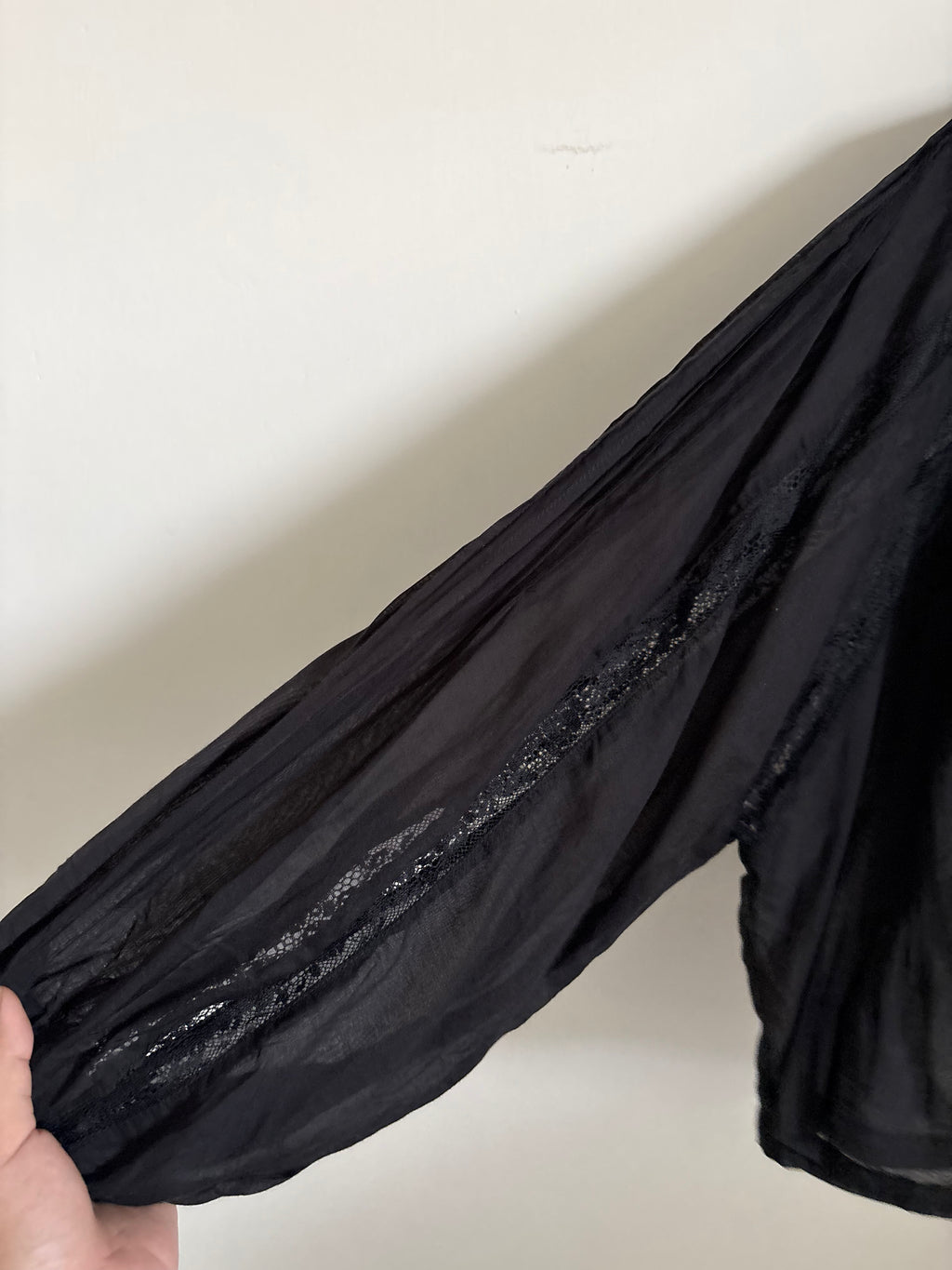 Topshop lace trim ruched side blouse in black UK 6