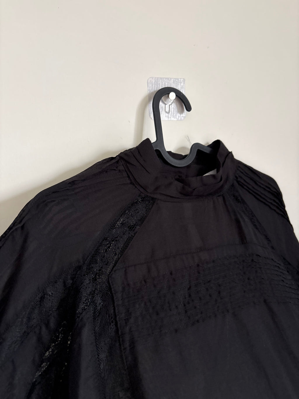 Topshop lace trim ruched side blouse in black UK 6