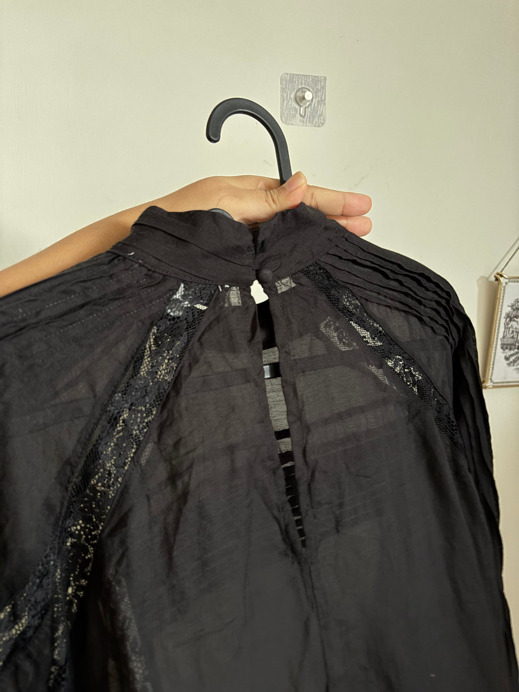 Topshop lace trim ruched side blouse in black UK 6