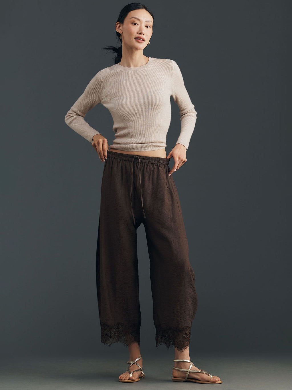 Anthropologie Brown Cropped Lace-Hem Trousers M