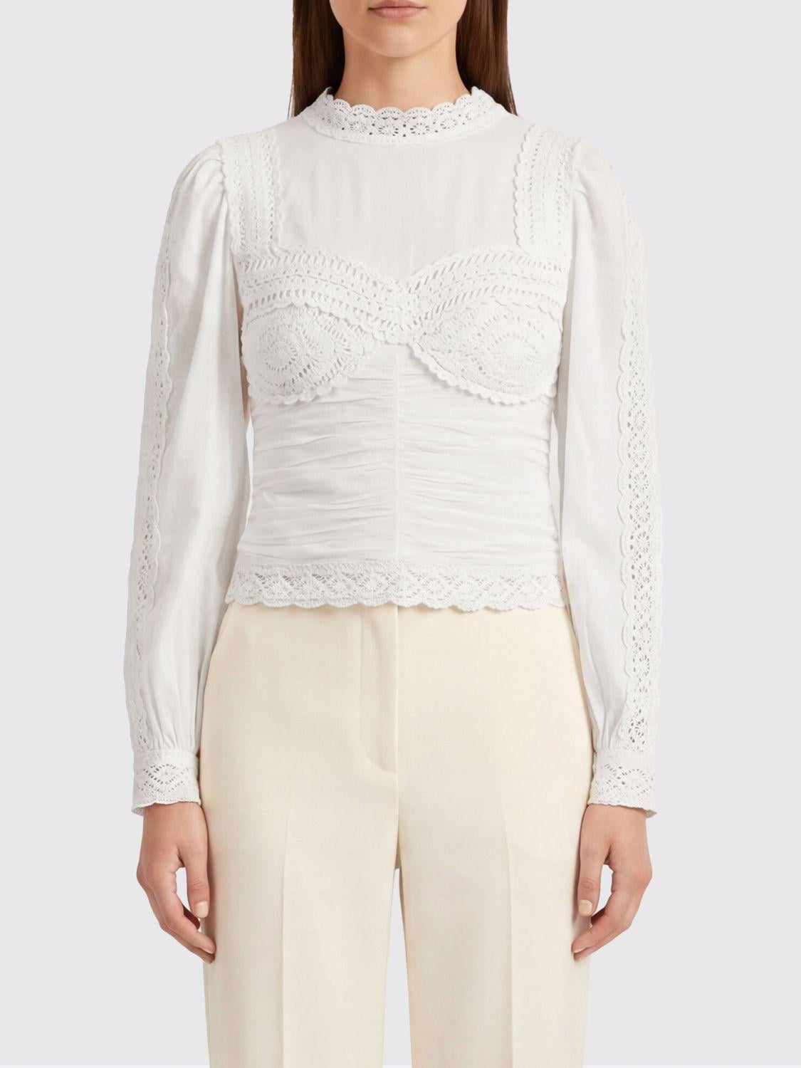 FARM RIO Off-White Crew Neck Long Sleeve Crochet Blouse (ATLTERED)