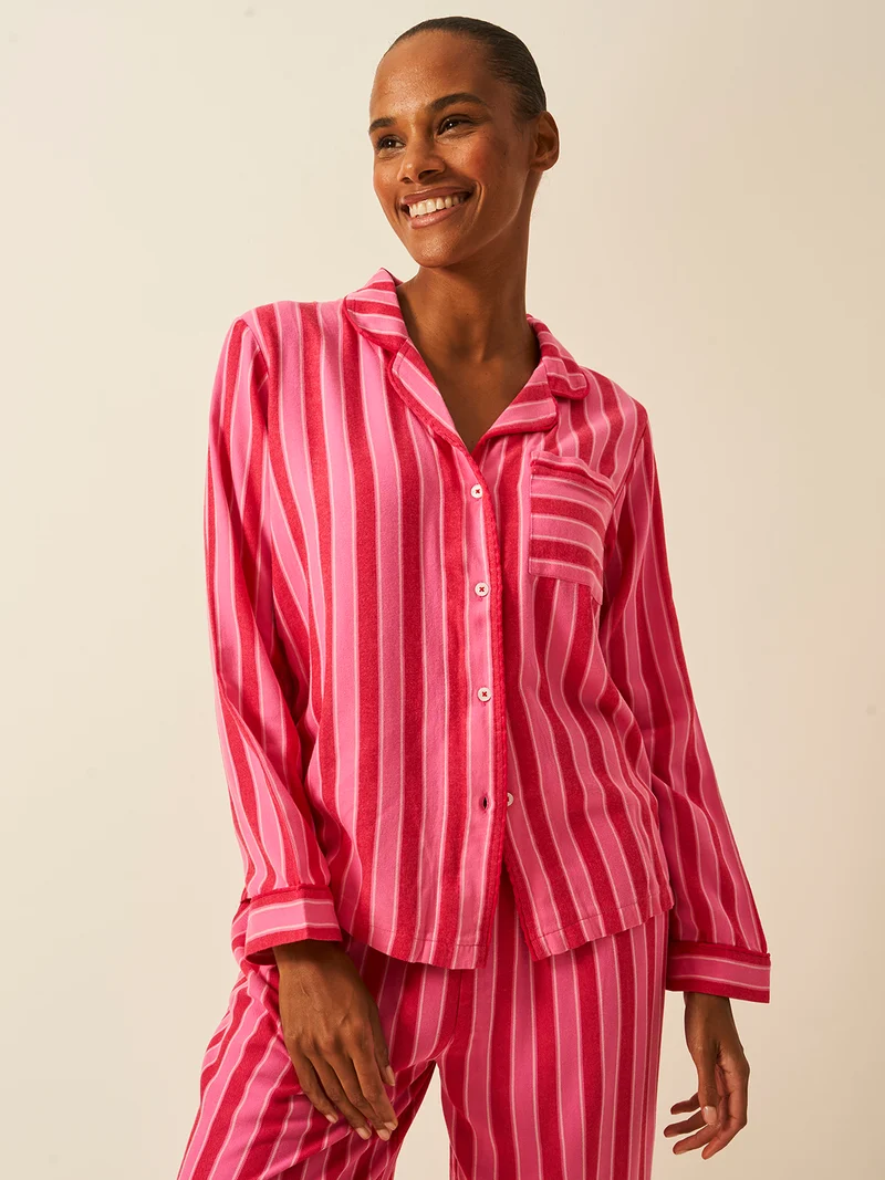 STRIPE AND STARE Soft Brushed Woven Pyjama Top AND SHORTS SET CANDY XS/S