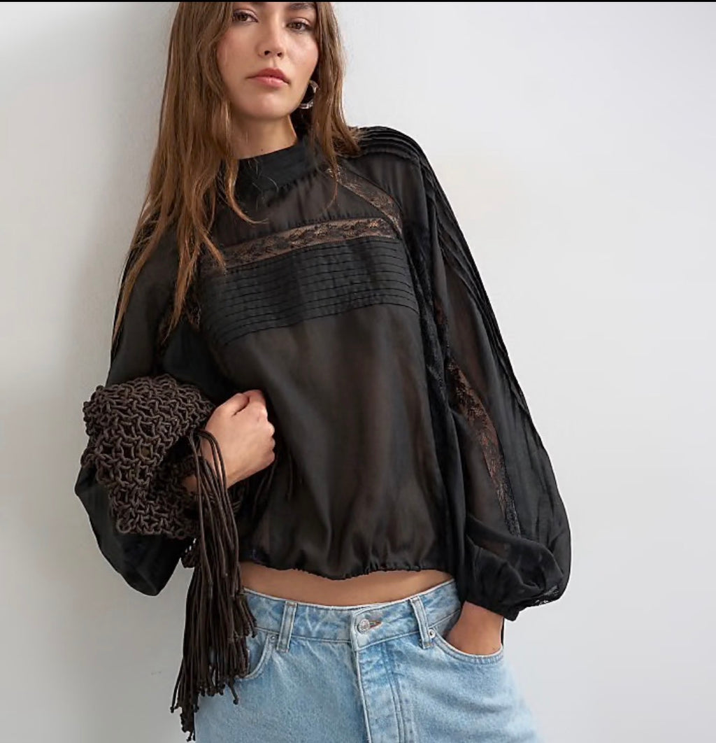 Topshop lace trim ruched side blouse in black UK 6