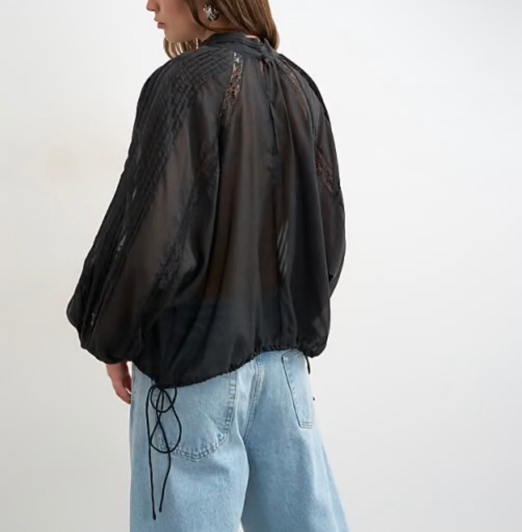 Topshop lace trim ruched side blouse in black UK 6