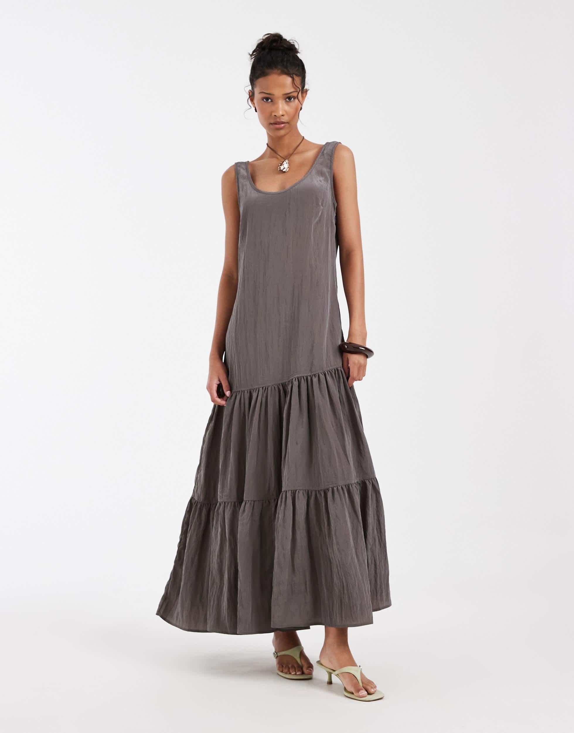 & Other Stories tiered maxi dress in charcoal grey S