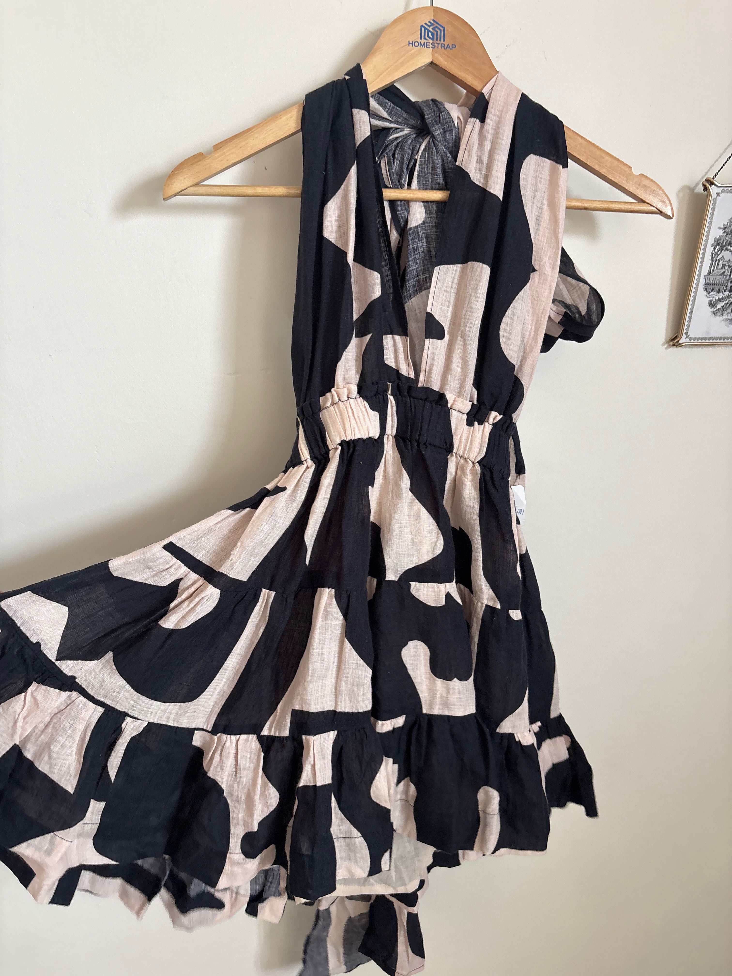 LINEN TIE HALTER  FLARED DRESS XS/S