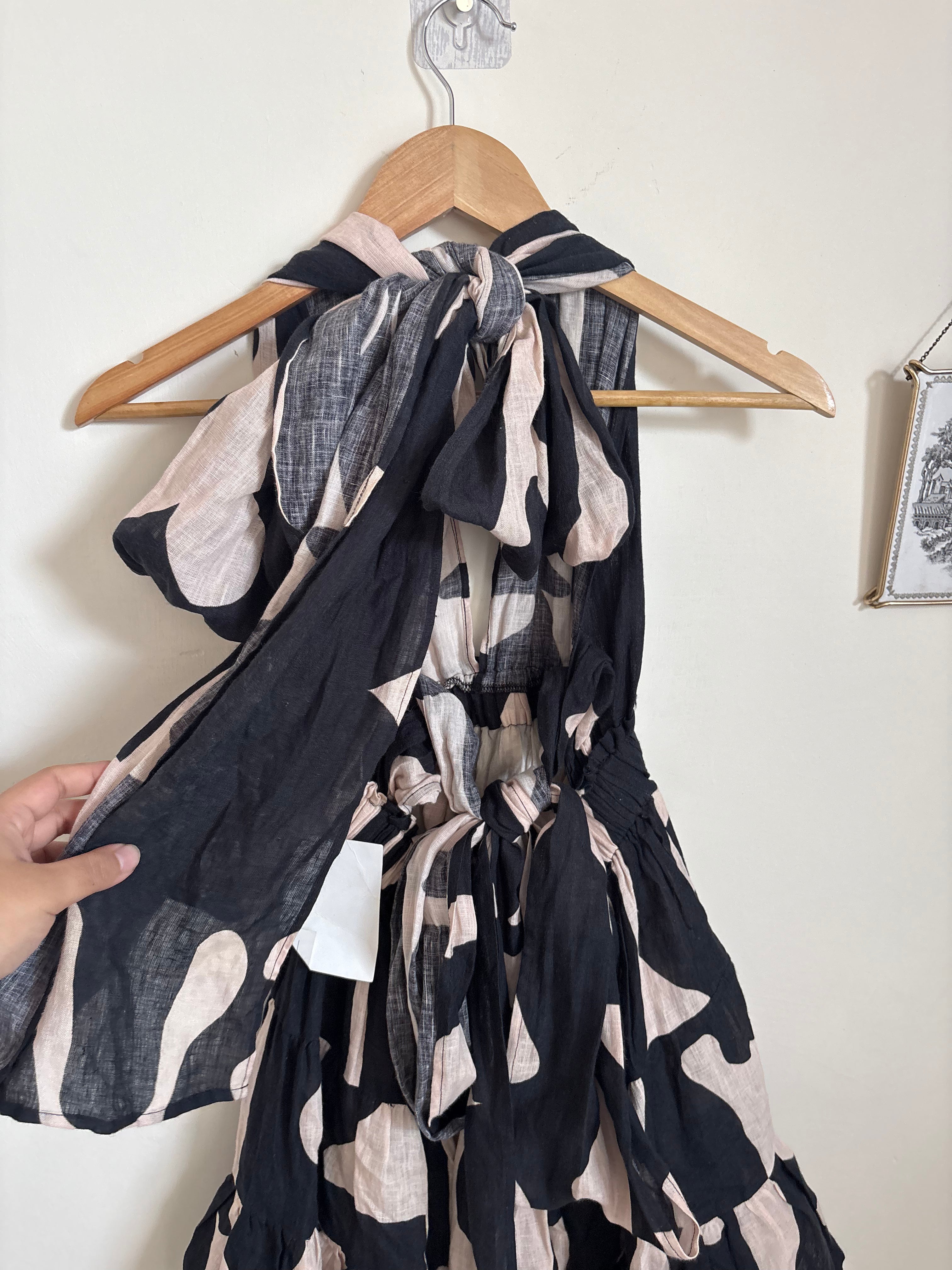 LINEN TIE HALTER  FLARED DRESS XS/S