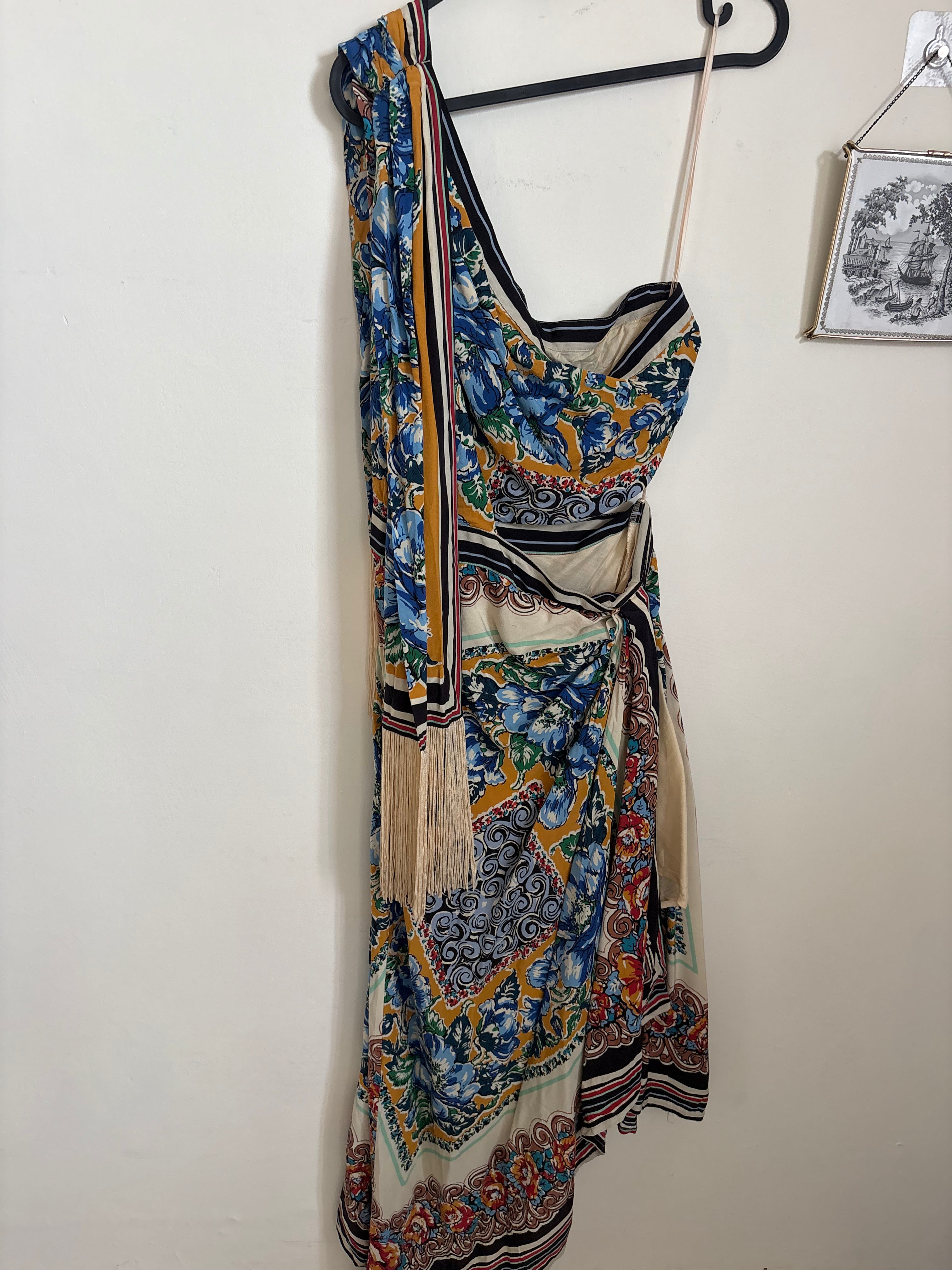 ANTHROPOLOGIE SILK One-Shoulder Printed Midi Dress M