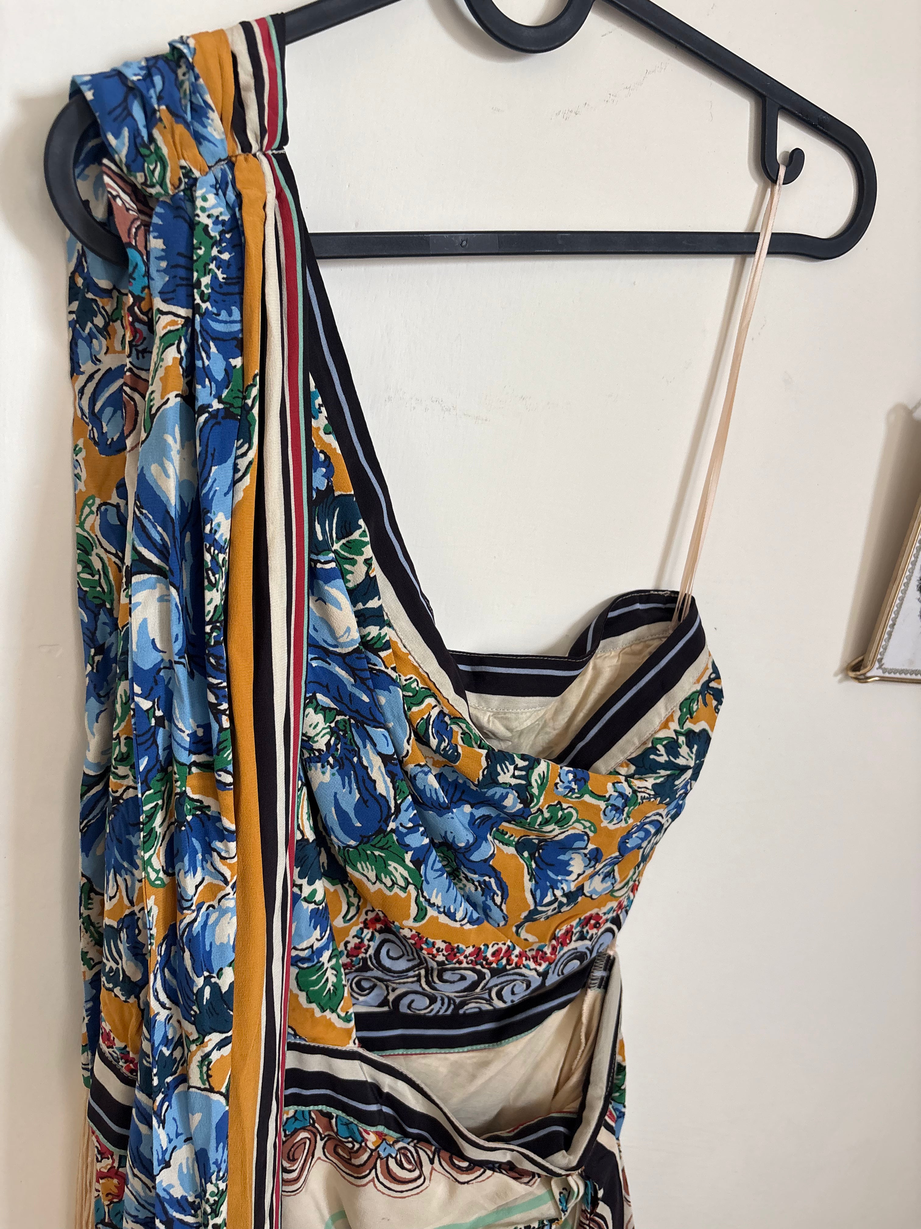 ANTHROPOLOGIE SILK One-Shoulder Printed Midi Dress M