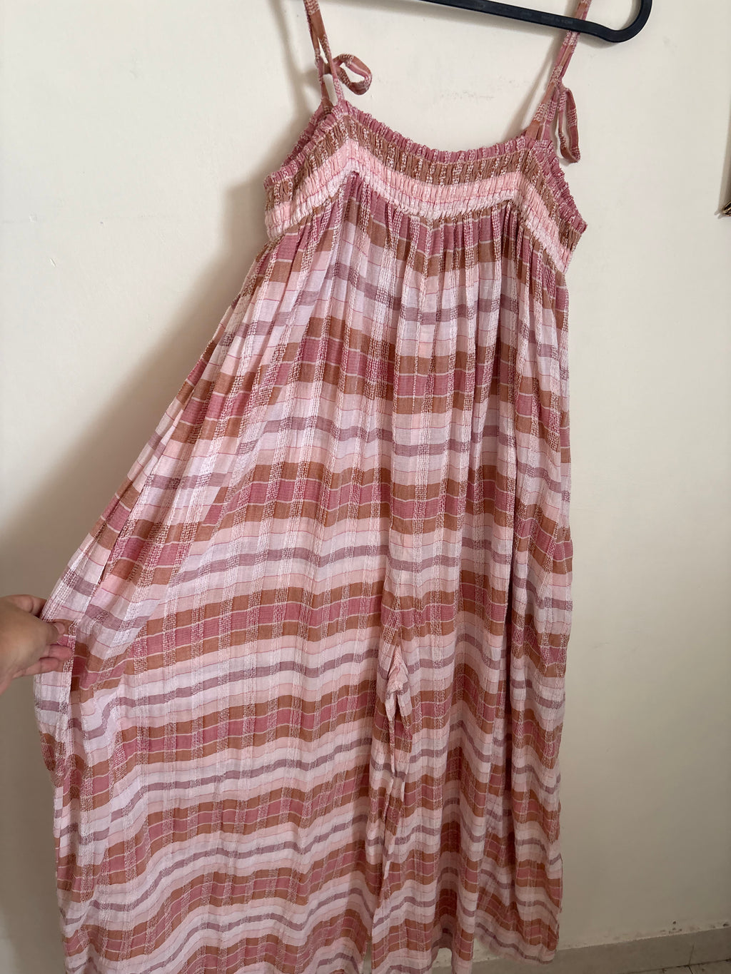 FLARED COTTON CHECK JUMPSUIT S-L
