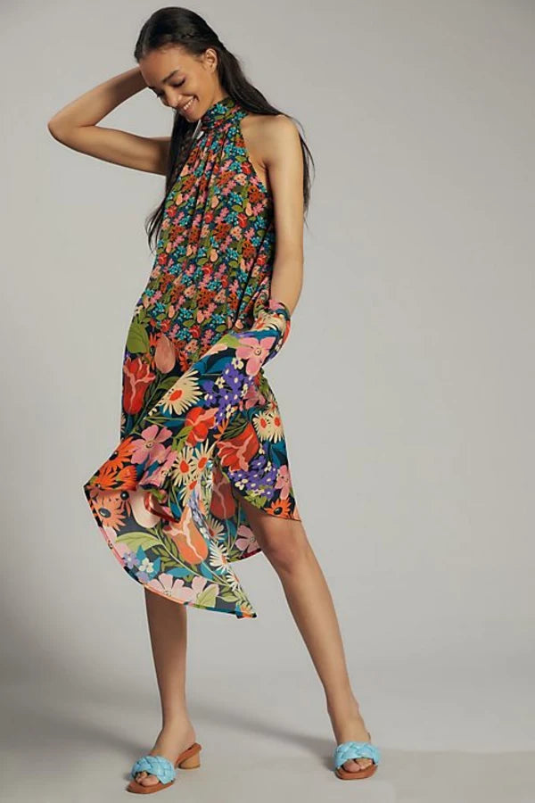 Anthropologie Halter Asymmetrical Silk Midi Dress S