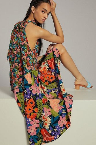 Anthropologie Halter Asymmetrical Silk Midi Dress S