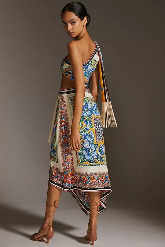 ANTHROPOLOGIE SILK One-Shoulder Printed Midi Dress M