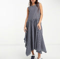 COLLUSION check trapeze smock asym hem midi dress in multi UK 8