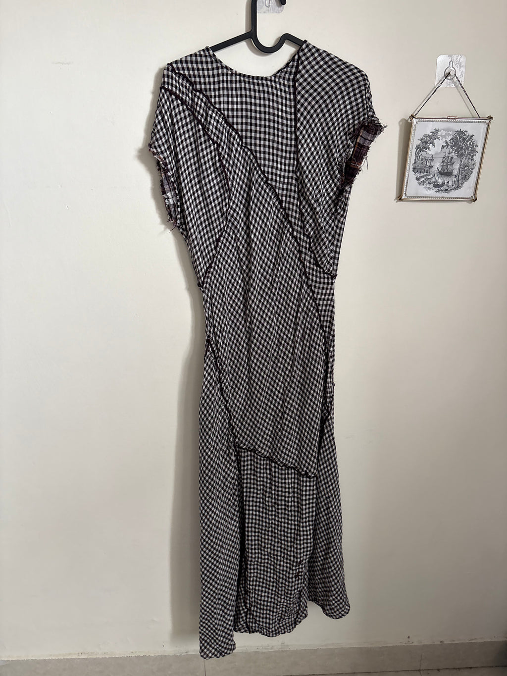 BIMBA Y LOLA  DARK BROWN CHECKED PATCHWORK DRESS WITH RAW-EDGE DETAILING S