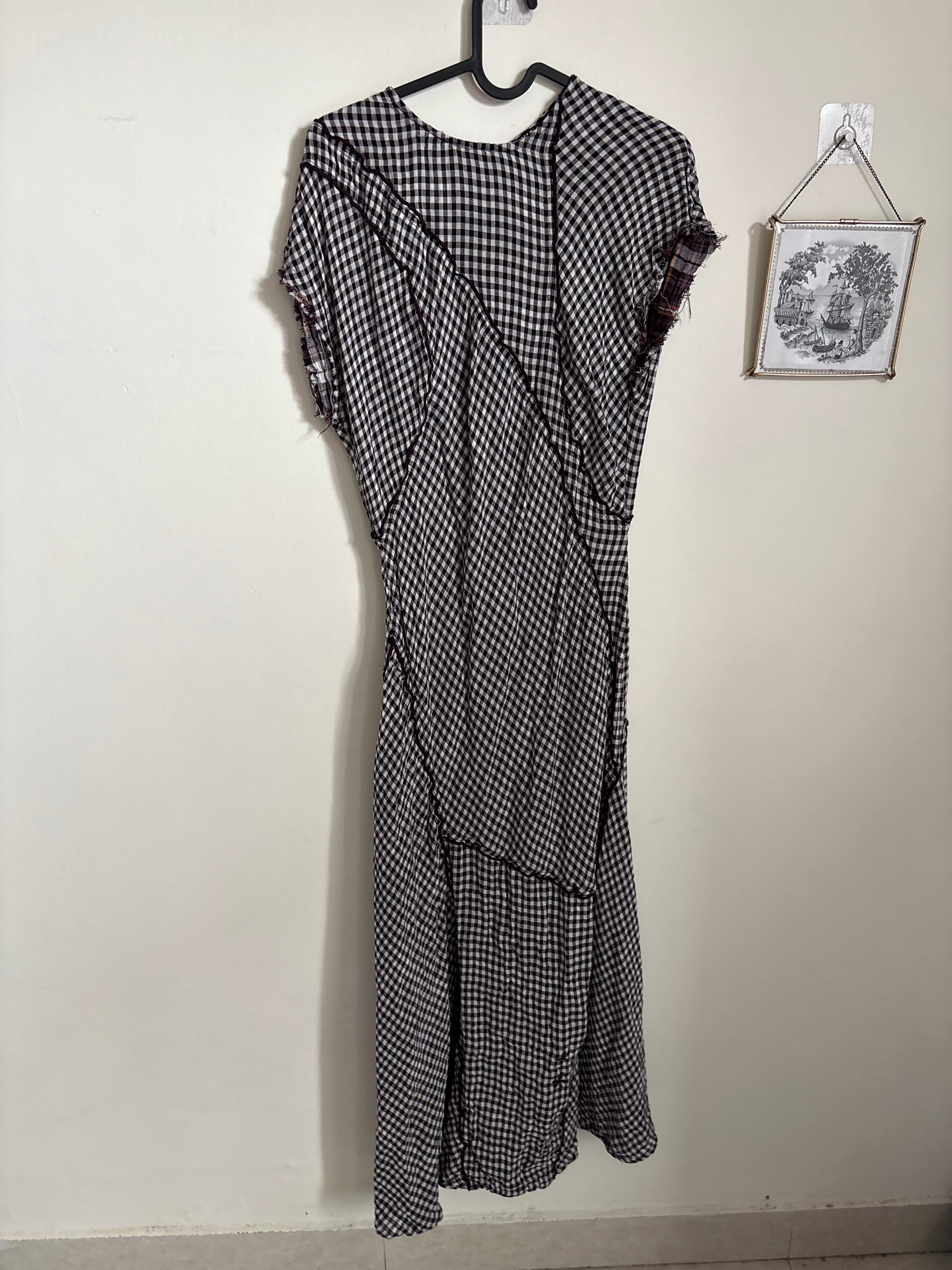 BIMBA Y LOLA  DARK BROWN CHECKED PATCHWORK DRESS WITH RAW-EDGE DETAILING S