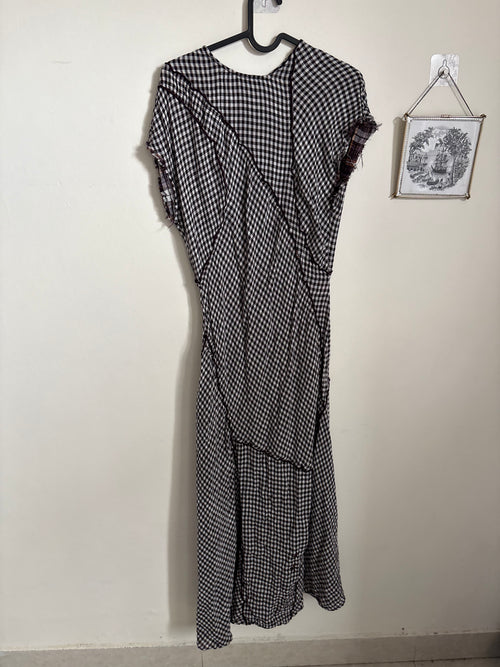 BIMBA Y LOLA  DARK BROWN CHECKED PATCHWORK DRESS WITH RAW-EDGE DETAILING S