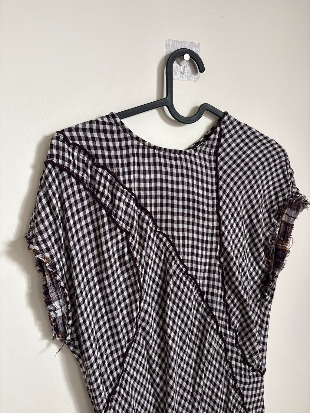BIMBA Y LOLA  DARK BROWN CHECKED PATCHWORK DRESS WITH RAW-EDGE DETAILING S