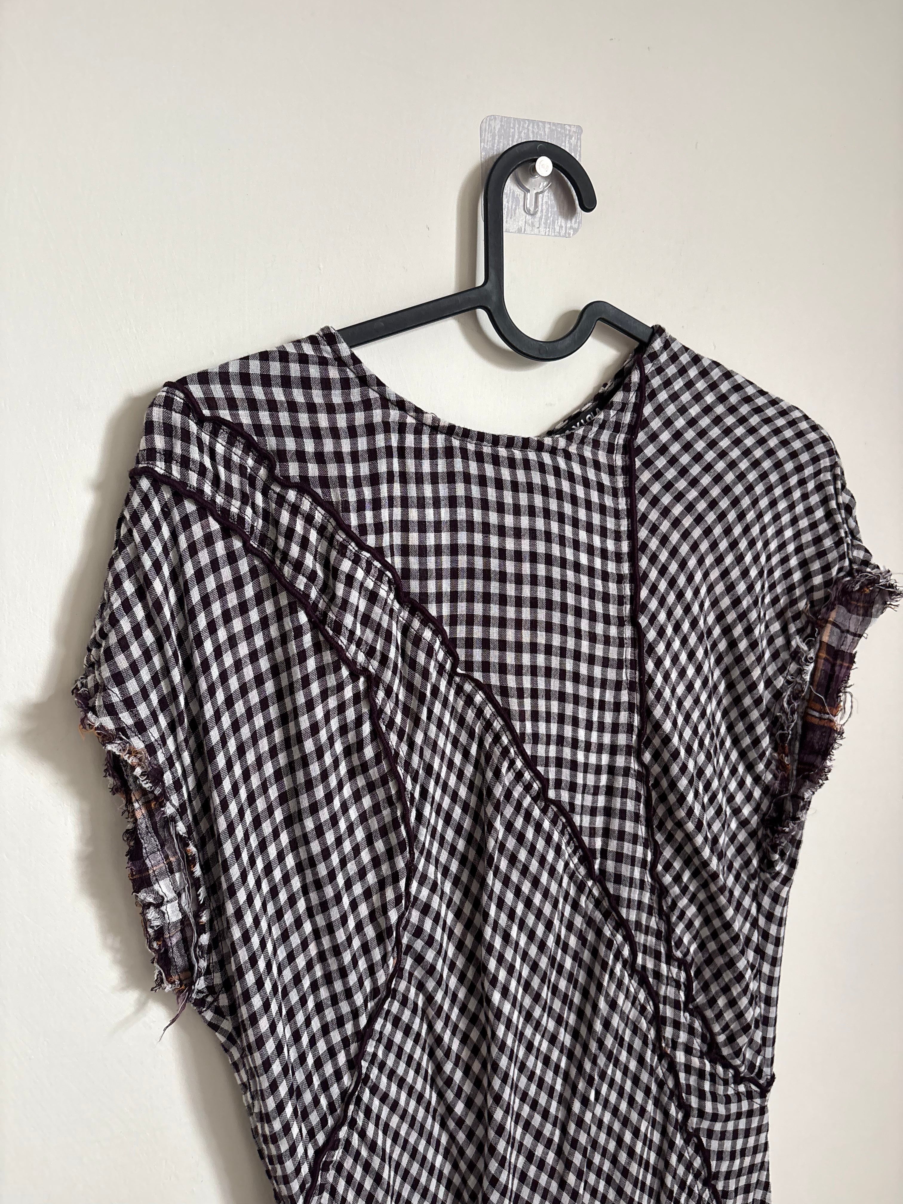 BIMBA Y LOLA  DARK BROWN CHECKED PATCHWORK DRESS WITH RAW-EDGE DETAILING S