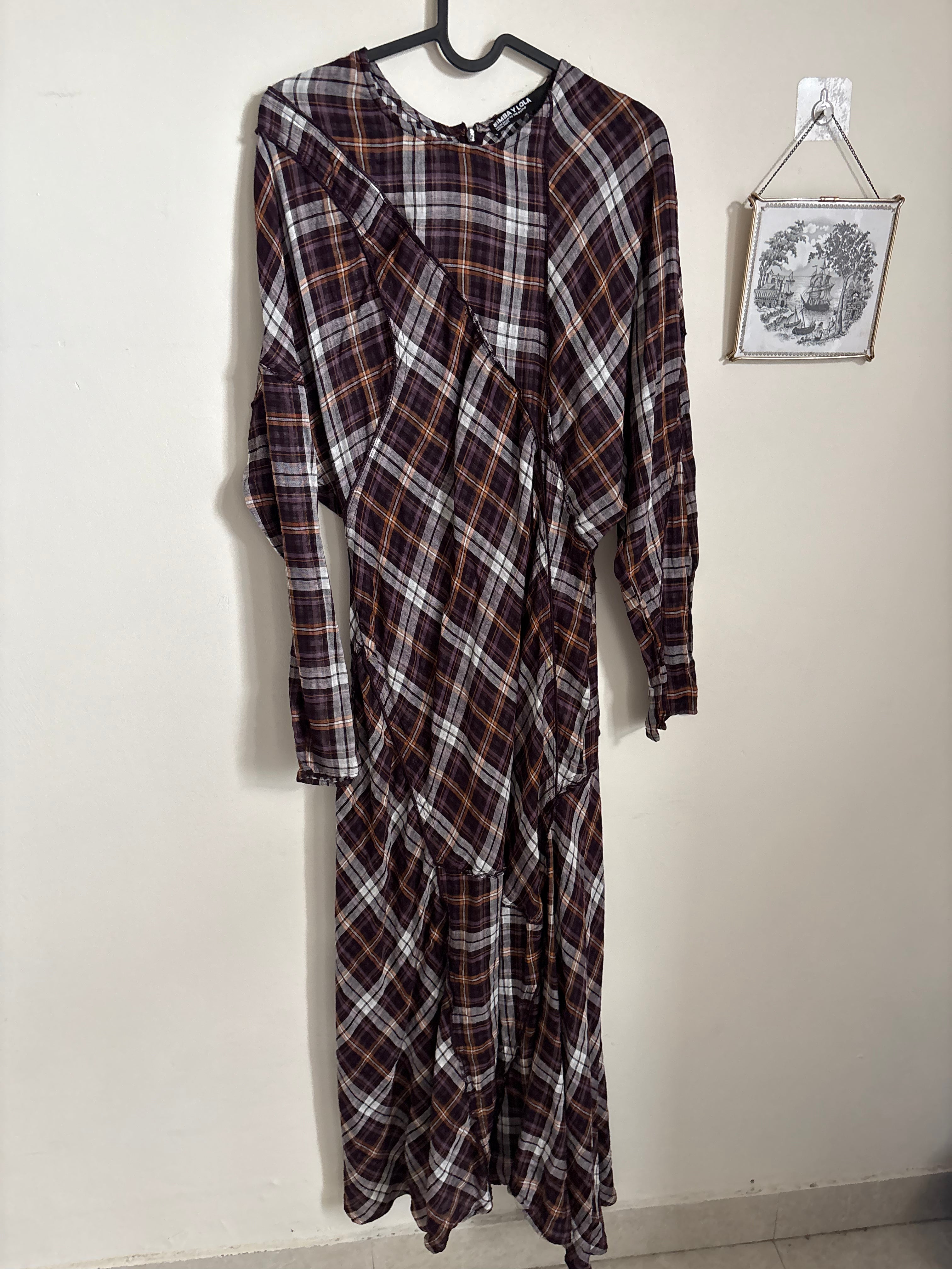 BIMBA Y LOLA GARNET CHECKED PATCHWORK DRESS WITH BATWING SLEEVES M