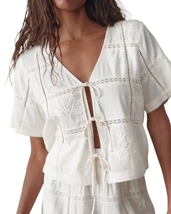 Marella Embroidered Detail Tie Front Top Marine Layer M
