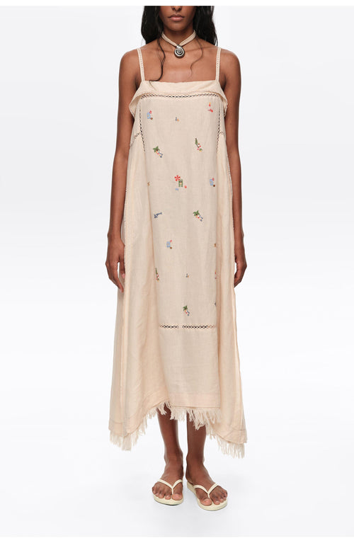 BIMBA Y LOLA  SAND LINEN A-LINE MINI DRESS WITH EMBROIDERY