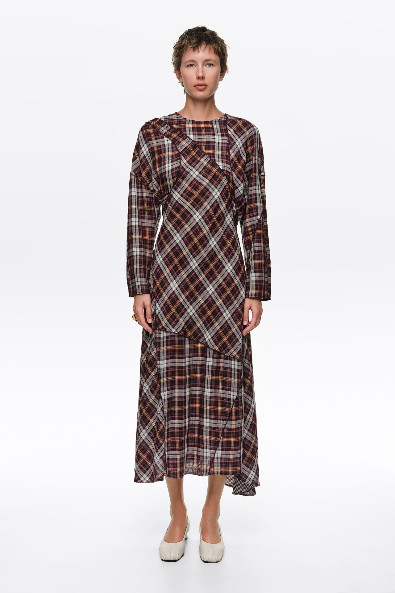 BIMBA Y LOLA GARNET CHECKED PATCHWORK DRESS WITH BATWING SLEEVES M
