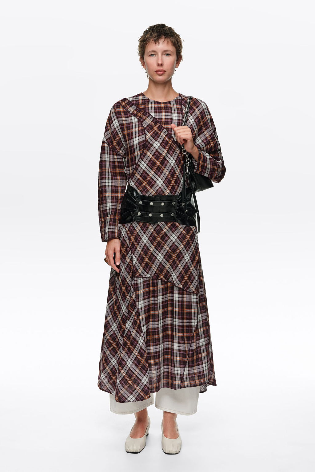 BIMBA Y LOLA GARNET CHECKED PATCHWORK DRESS WITH BATWING SLEEVES M