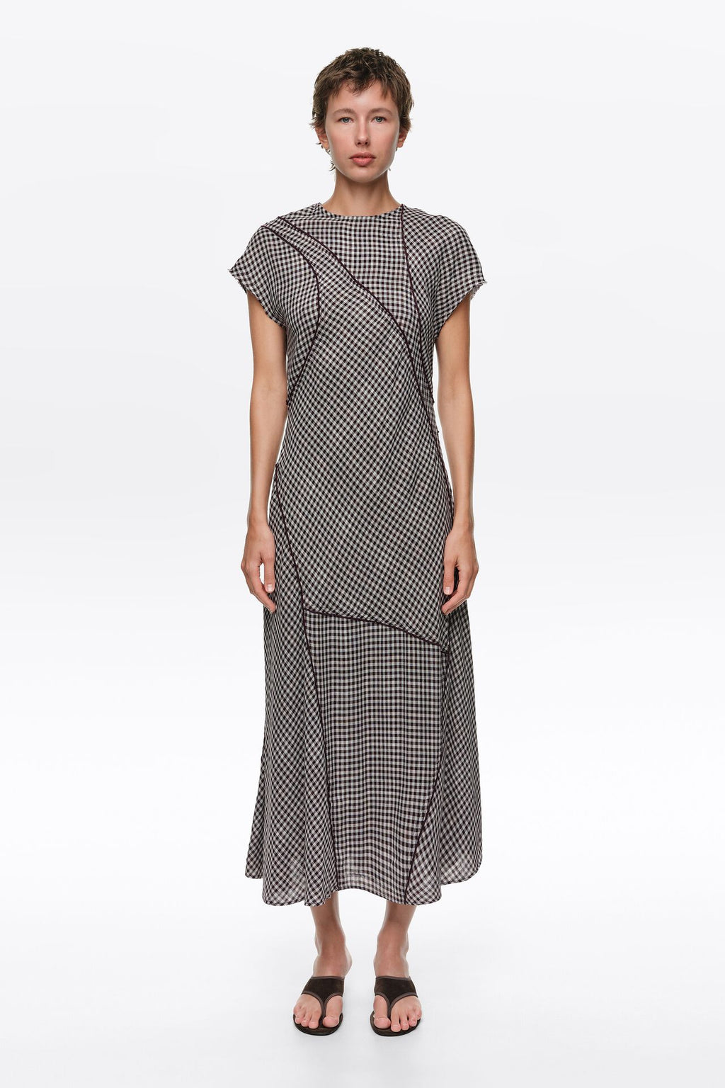 BIMBA Y LOLA  DARK BROWN CHECKED PATCHWORK DRESS WITH RAW-EDGE DETAILING S