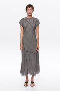 BIMBA Y LOLA  DARK BROWN CHECKED PATCHWORK DRESS WITH RAW-EDGE DETAILING S