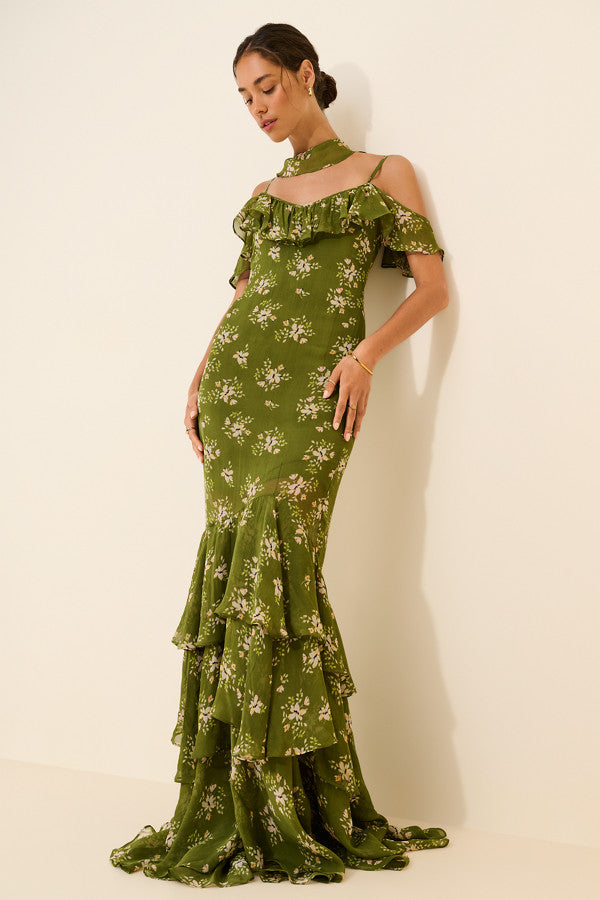 BHLDN Ramy Ruffle Chiffon Maxi Dress  M