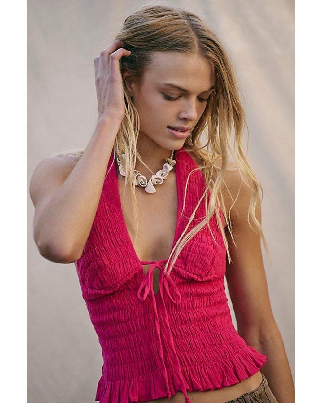 free-est Women's Pink Khloe Smocked Halter Top S