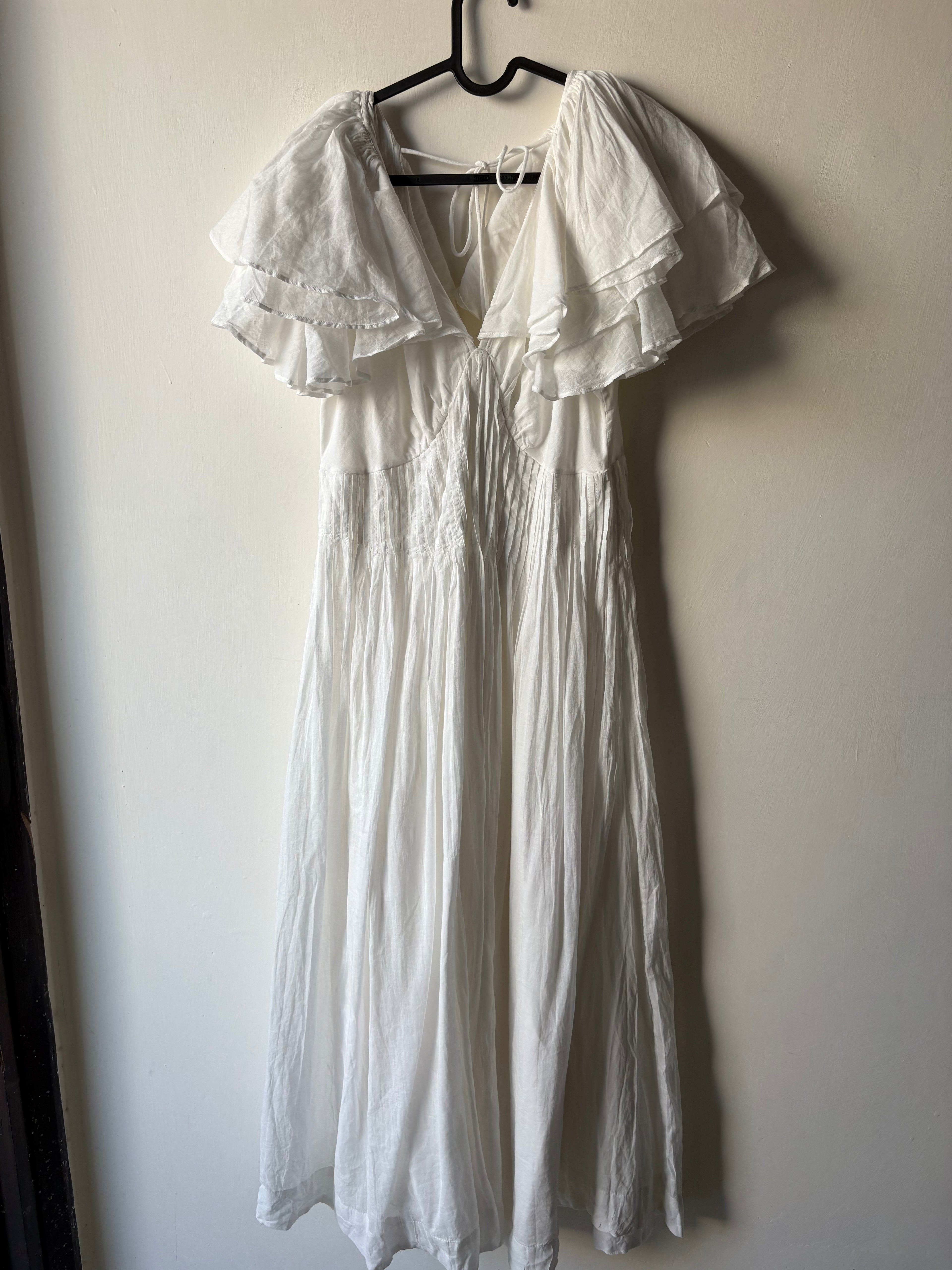 River Island White Flutter Sleeve Shirred Midi Dress UK 16