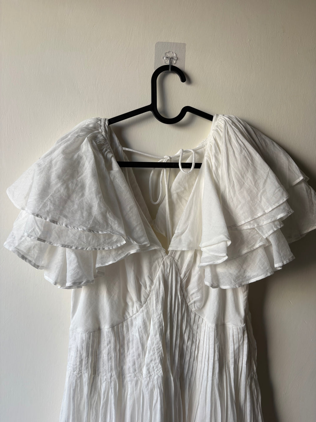 River Island White Flutter Sleeve Shirred Midi Dress UK 16