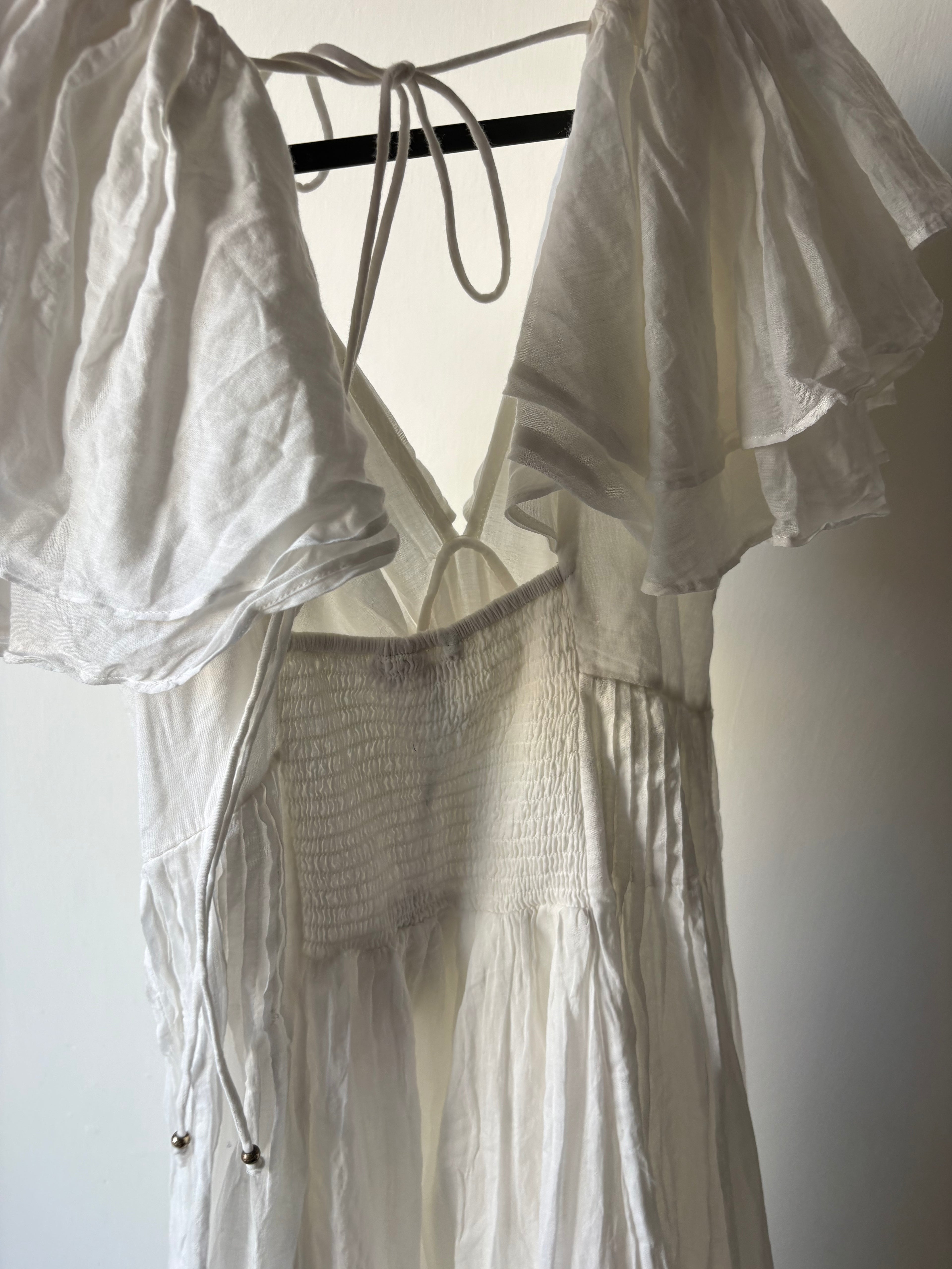 River Island White Flutter Sleeve Shirred Midi Dress UK 16