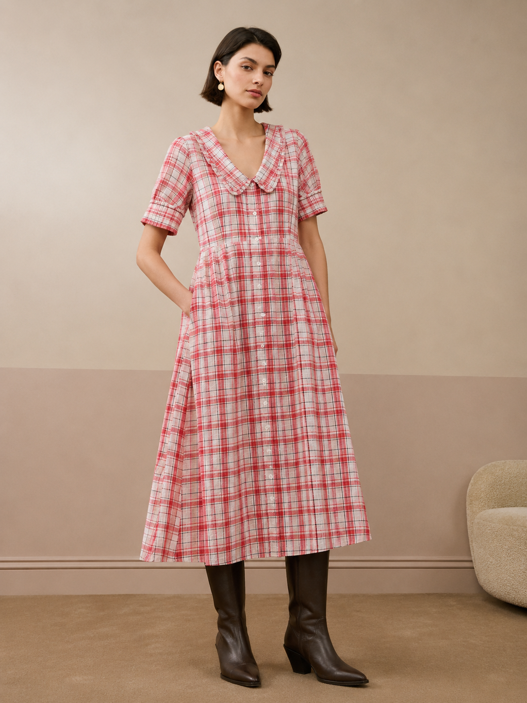 BRORA RED CHECK DRESS COTTON RED M