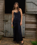 Muse Assembly ruched drop waist crushed satin maxi dress in navy