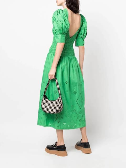 GANNI Backless Shirred Broderie Anglaise Cotton Dress L/XL
