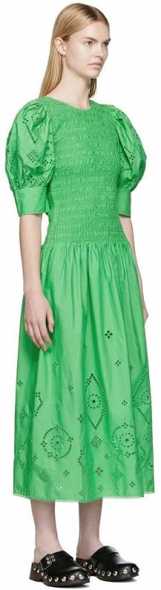 GANNI Backless Shirred Broderie Anglaise Cotton Dress L/XL