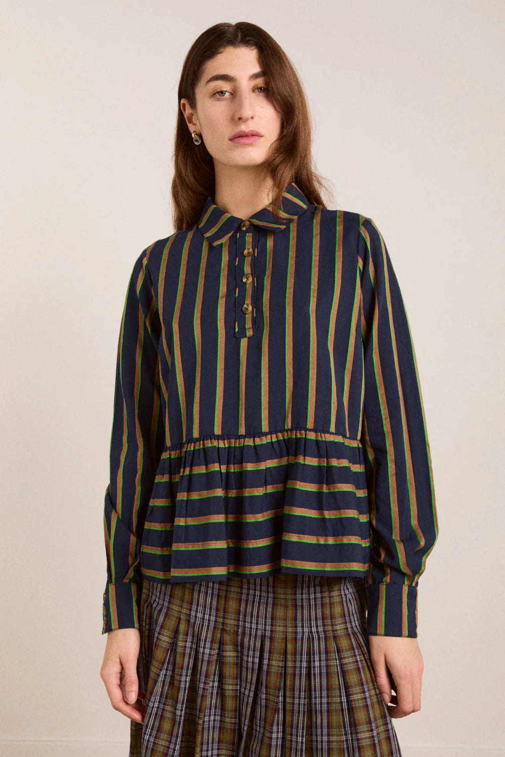 DAMSON MADDER Kinsley Shirt - Navy/Green Stripe